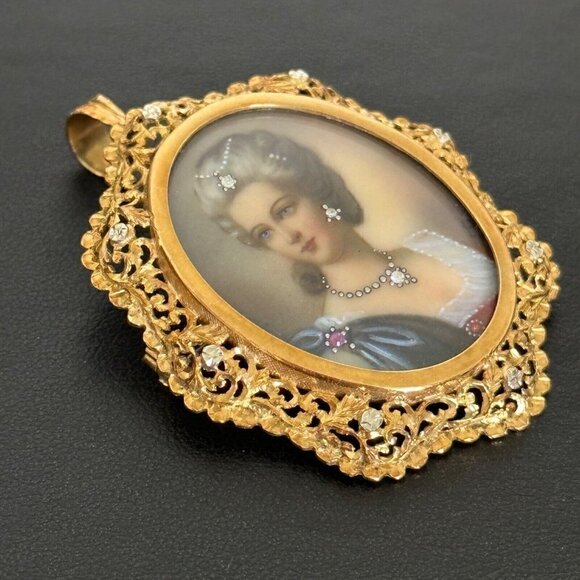 18K Yellow Gold Antique Intricate Filigree Diamond Portrait Cameo Pin Pendant - Picture 2 of 15